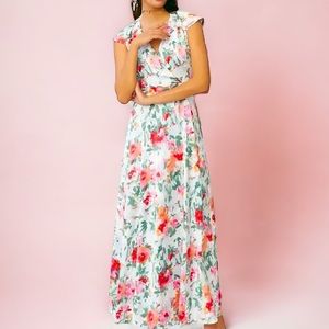 Anthropologie x Hutch Faux Wrap 6P / Sm Pink Green Floral Silky Maxi Dress